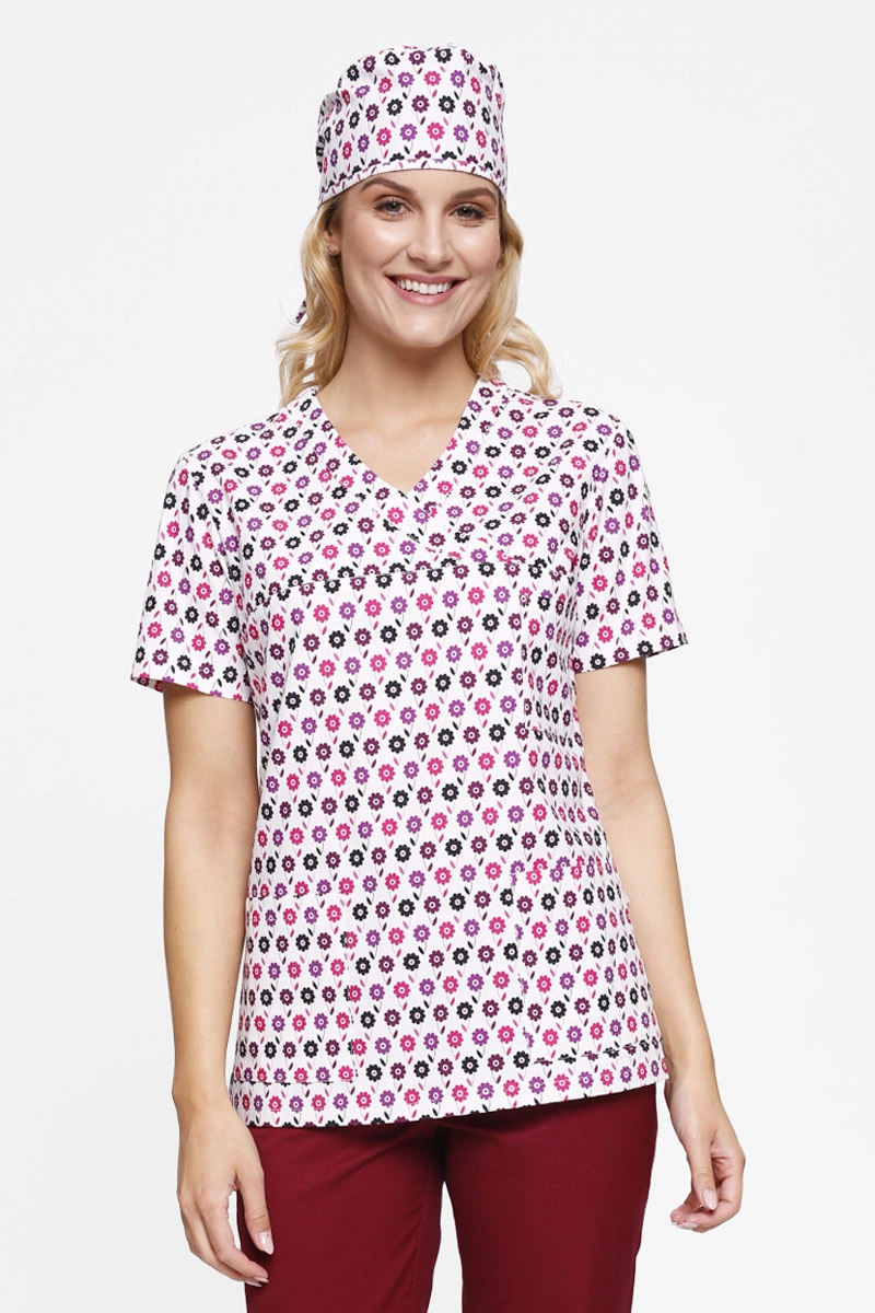 Bluza medyczna damska we wzorki kwiaty BL 55, krótki rękaw