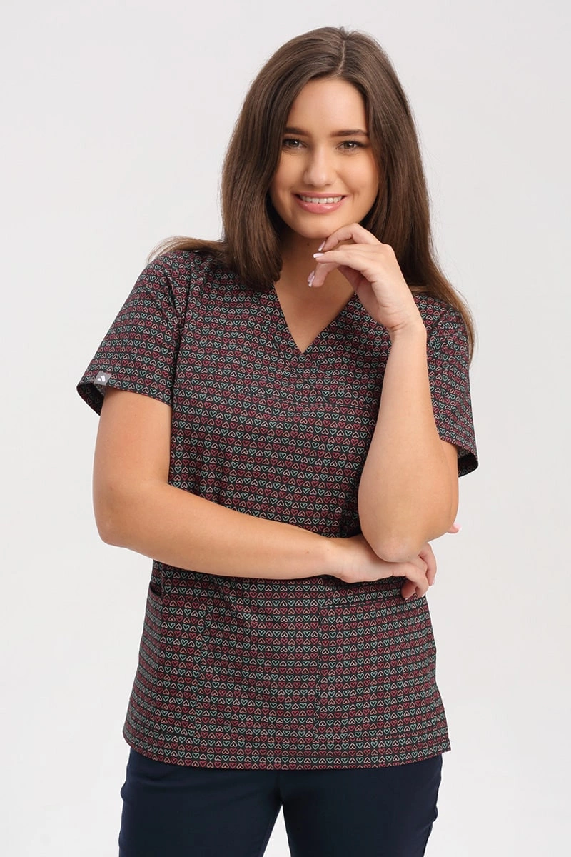 Bluza medyczna damska we wzorki serduszka BL 55, krótki rękaw