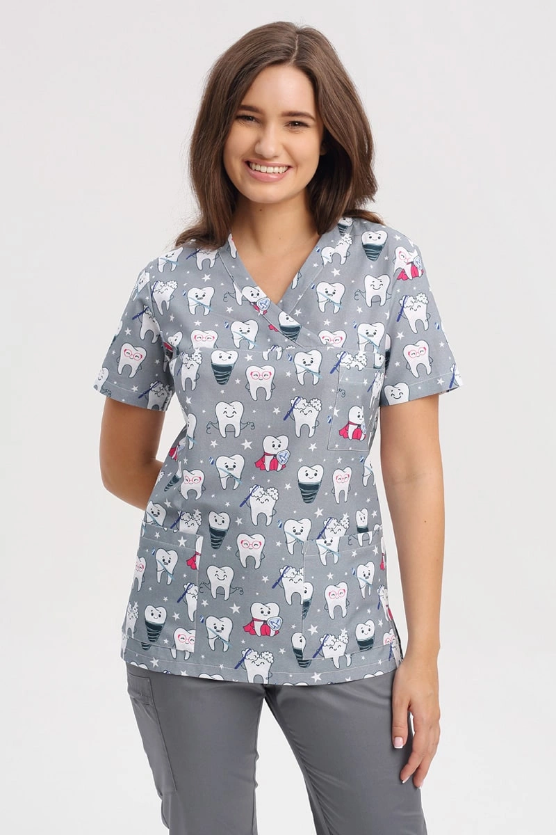 Bluza medyczna damska we wzorki ząbki BL 55, krótki rękaw