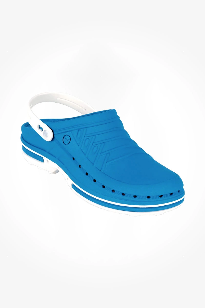 Obuwie operacyjne Wock Clog 07 z paskiem, buty medyczne unisex w kolorze chabrowym i białym