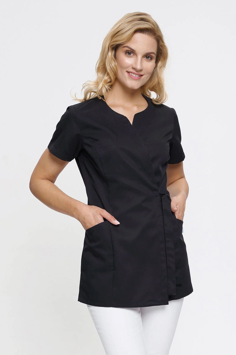 Żakiet medyczny damski czarny wiązany ZA 15, krótki rękaw, Elegant Stretch