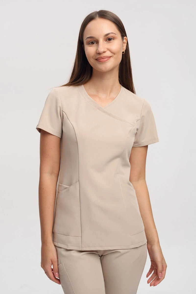 Dopasowana bluza medyczna damska beżowa BL 62, krótki rękaw, Elegant Stretch
