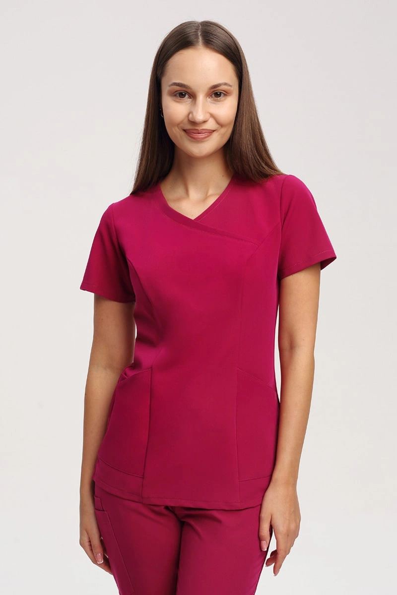 Dopasowana bluza medyczna damska rubinowa BL 62, krótki rękaw, Elegant Stretch