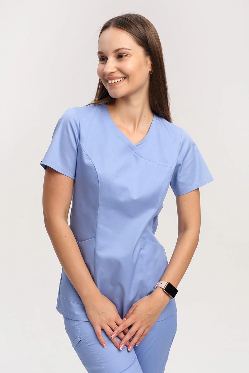 Bluza medyczna damska niebieska BL 60, krótki rękaw, Comfort Stretch