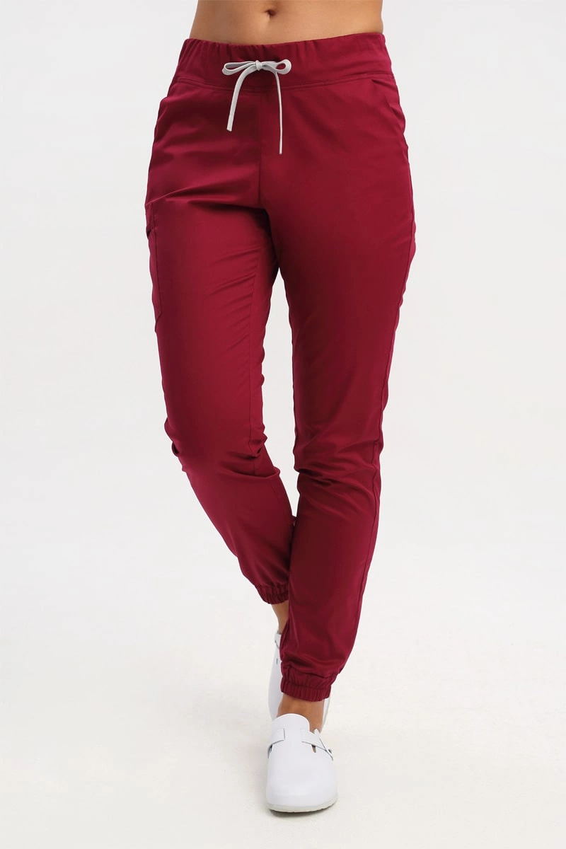 Spodnie medyczne damskie joggery petite bordo SE 92, Comfort Stretch