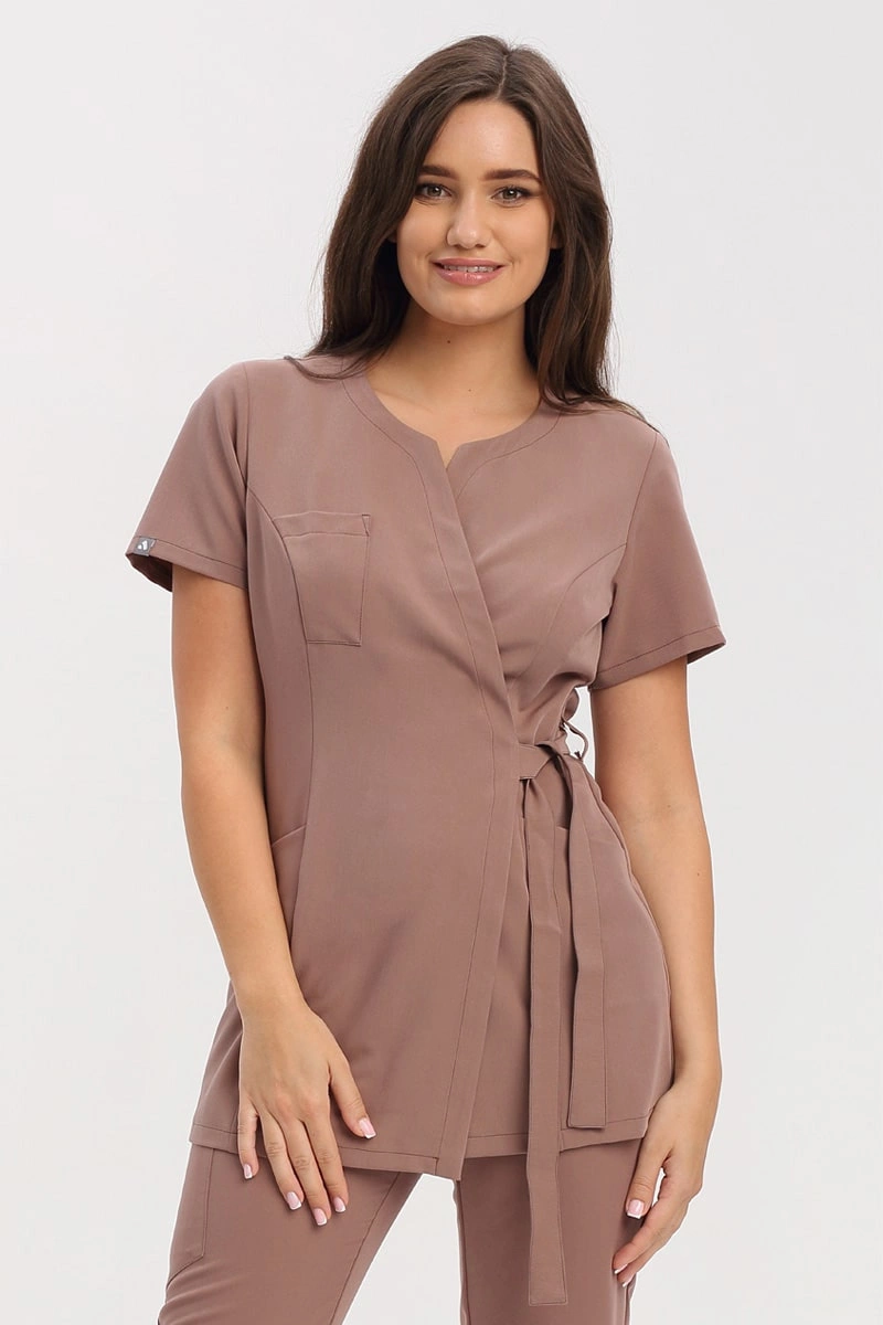 Żakiet medyczny damski mokka ZA 15, krótki rękaw, Elegant Stretch