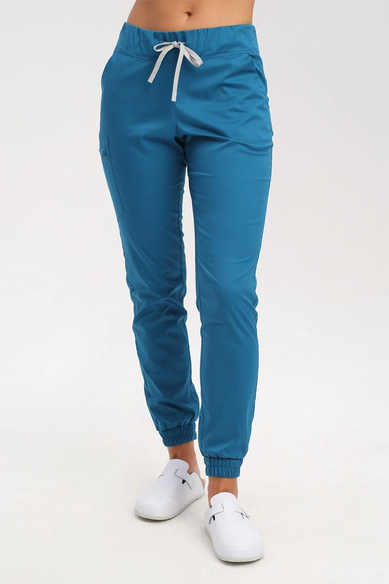 Spodnie medyczne damskie joggery petite turkus ciemny SE 92, Comfort Stretch