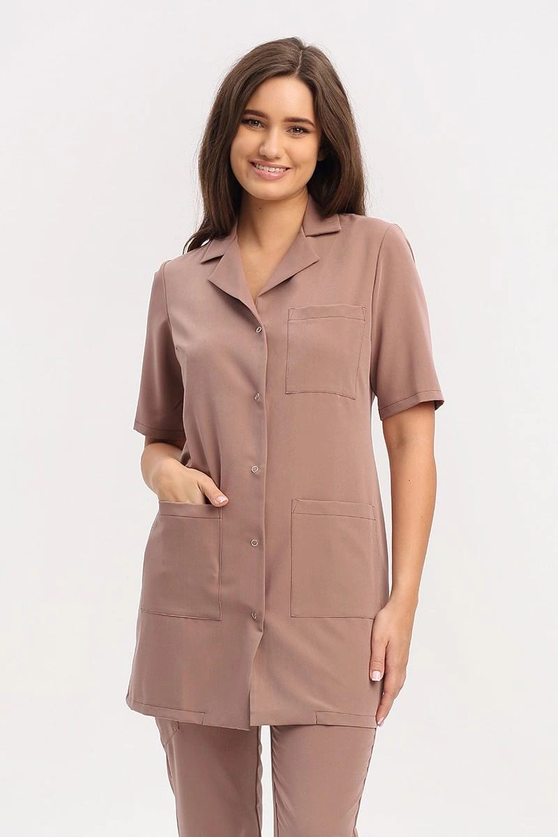 Fartuch medyczny damski mokka FA 41.0, krótki rękaw, Elegant Stretch