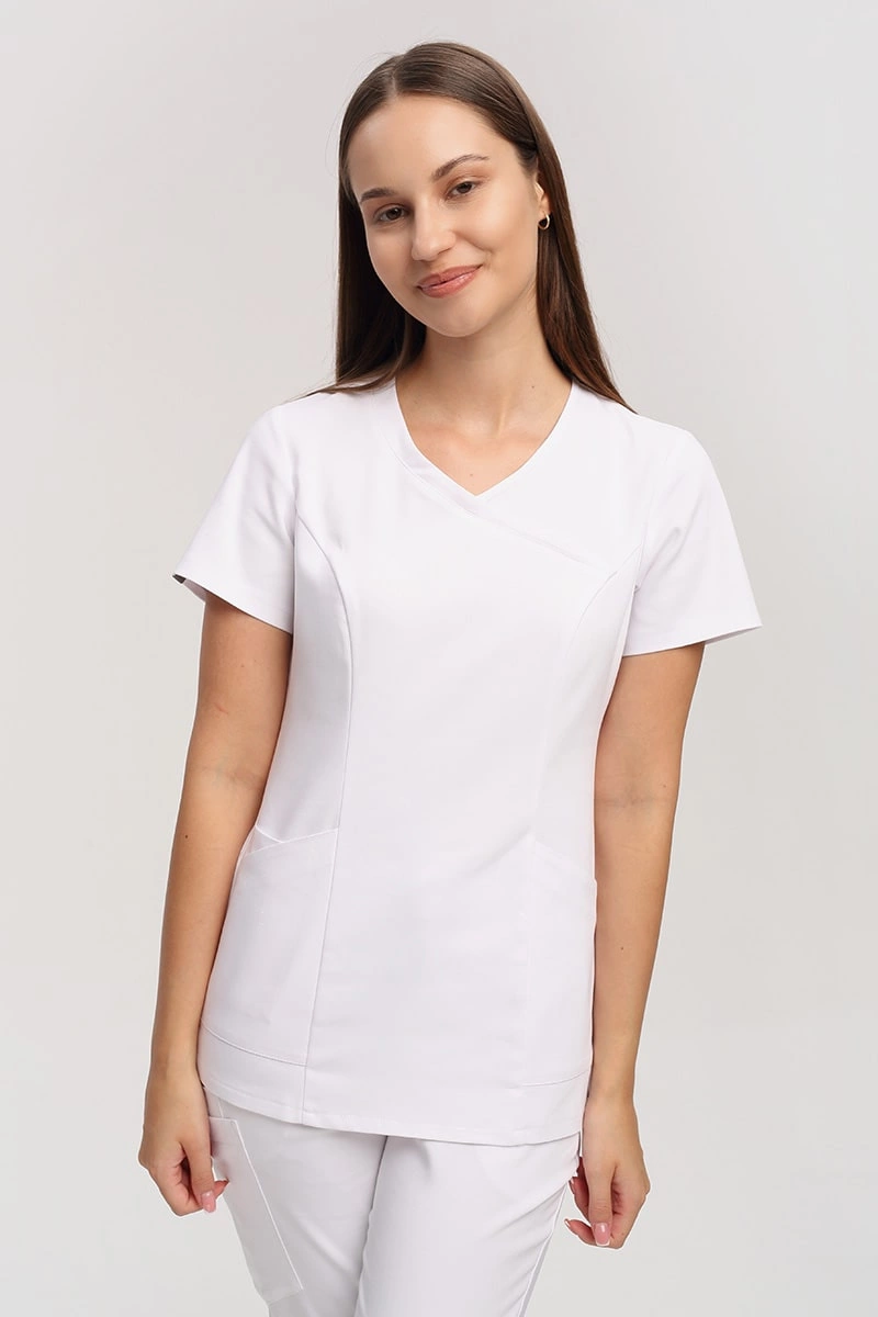 Dopasowana bluza medyczna damska biała BL 62, scrubs Premium Stretch Cotton