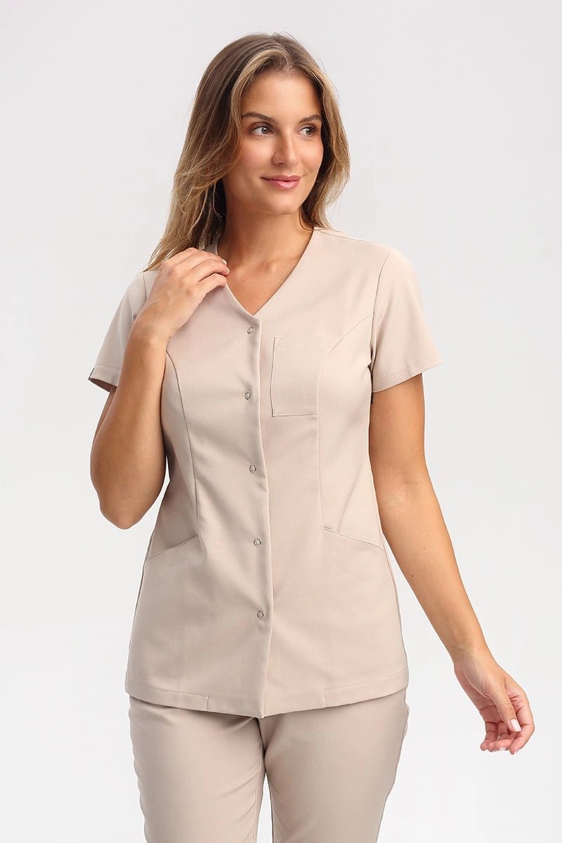 Żakiet medyczny damski z dekoltem V ZA 10.2, beż piaskowy, krótki rękaw, Premium Stretch Cotton