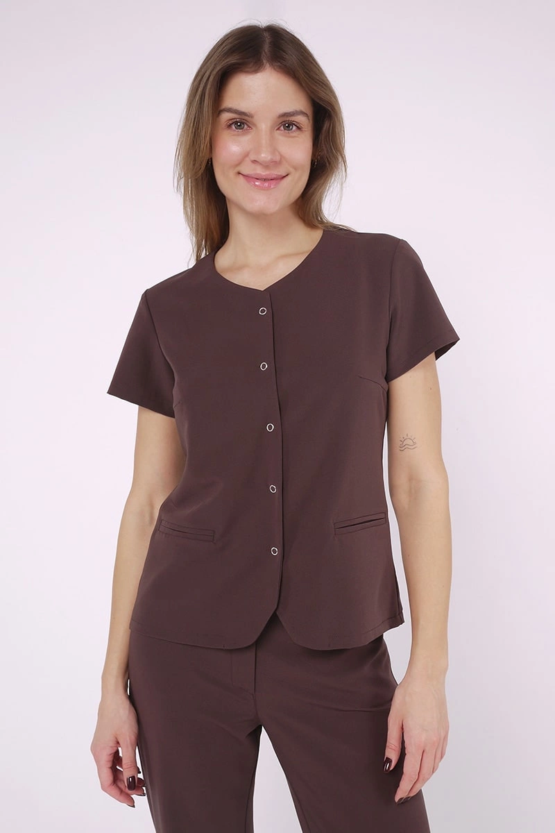 Bluzka medyczna damska czekoladowa BZ 01, krótki rękaw, Elegant Stretch