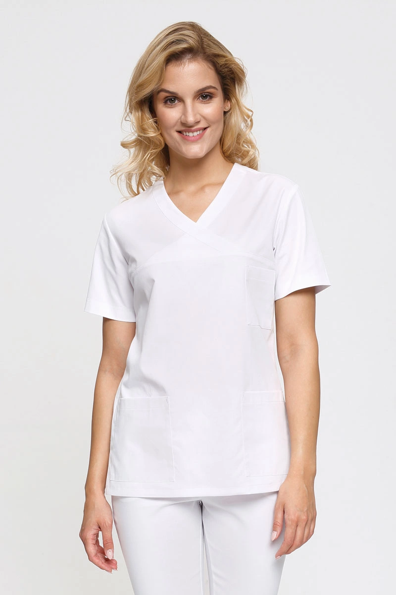 Bluza medyczna damska chirurgiczna biała BL 55, krótki rękaw, Premium