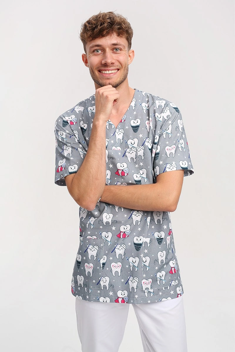 Bluza medyczna męska we wzorki ząbki BL 56, krótki rękaw