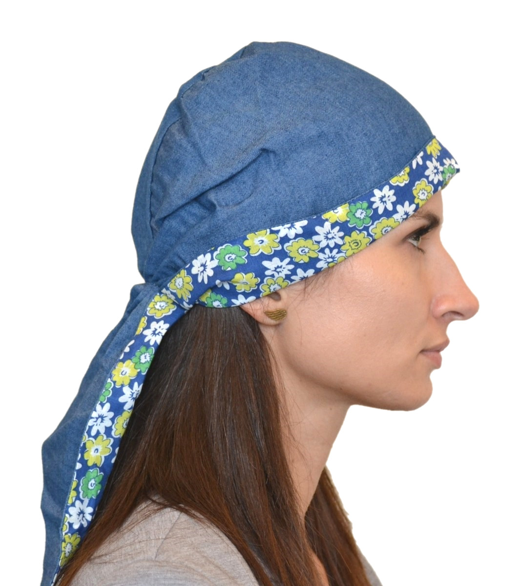 Dwustronny turban imitacja jeansu z motywem kwiatowym IZA A1-3*