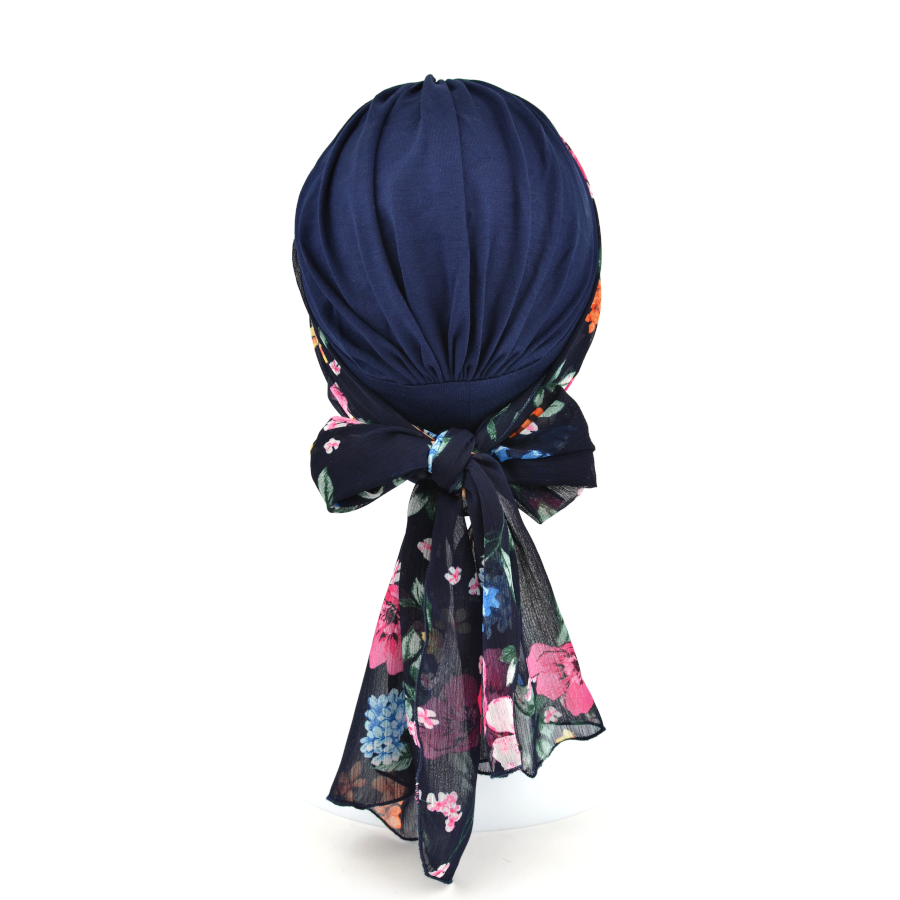 Turban z długą ozdobną szarfą w kwiaty granatowy BEATA sz-6+10*