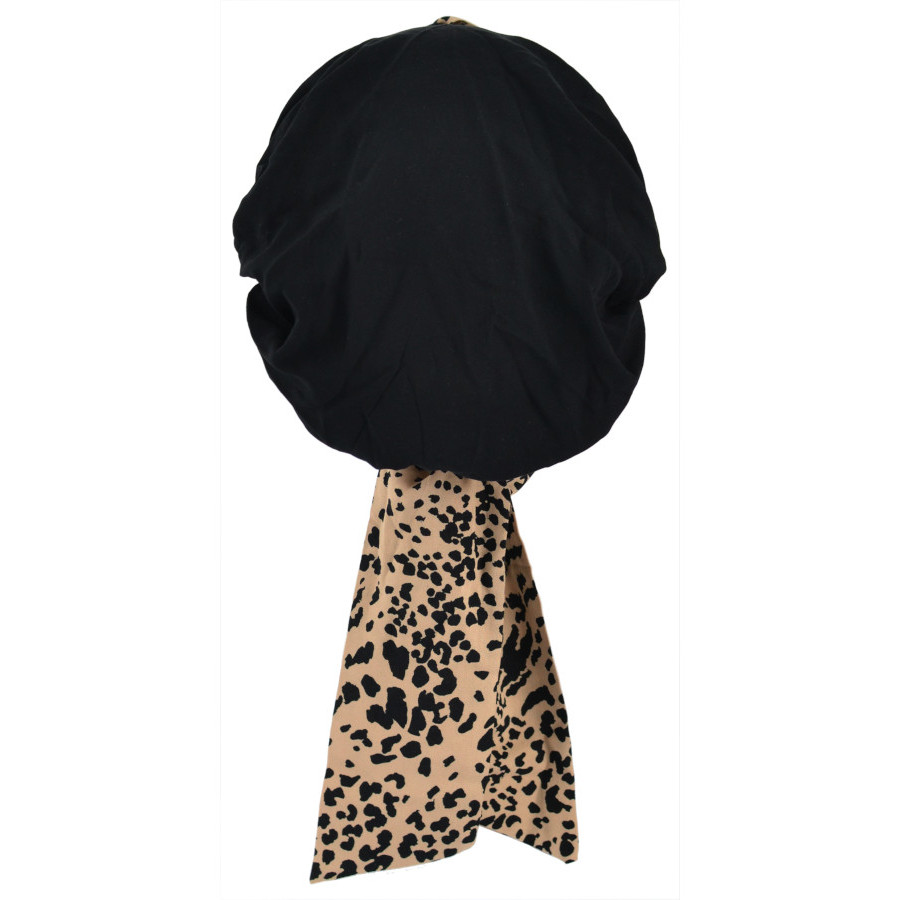 Lekki i komfortowy czarny turban z szarfą w panterkę 100% wiskoza SARA 323/T35*
