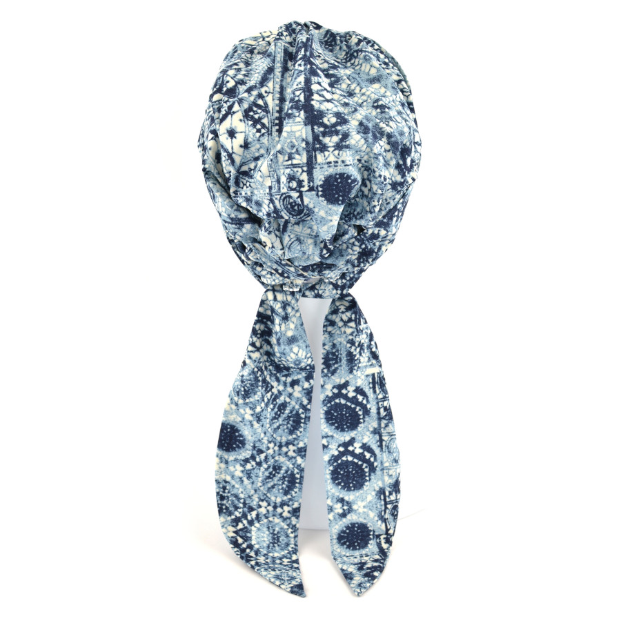 Elegancki i modny biało-niebieski turban we wzory VENICE 62 koronka jeans*
