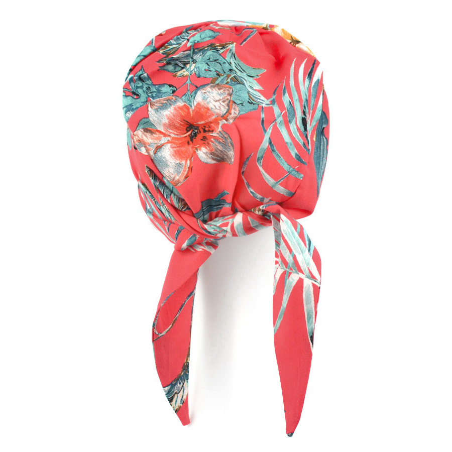 Turban z krótkimi troczkami do zawiązania z tyłu głowy czerwony w liście i kwiaty DAISY T-12*