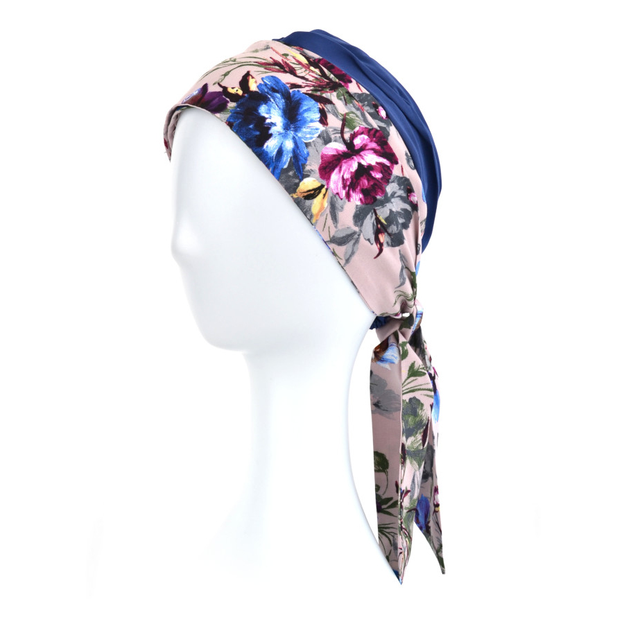 Turban z długimi troczkami 100% wiskoza granatowy z kwiatowymi wiązaniem ASTER T-8/T-20