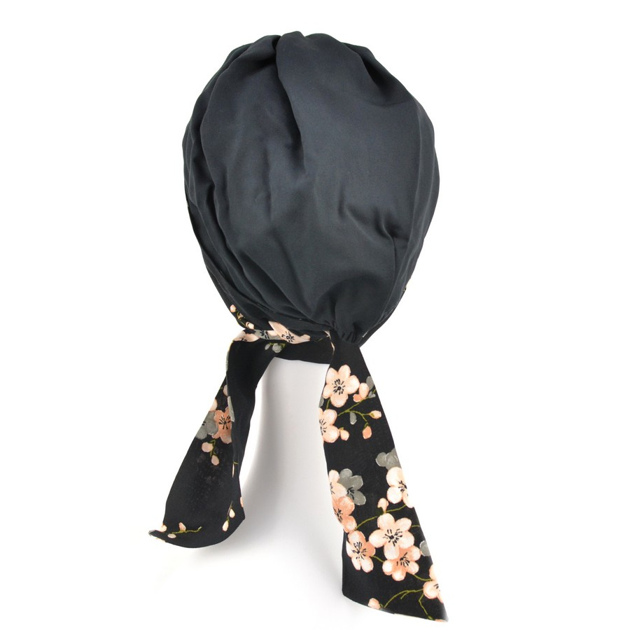 Turban z długimi troczkami 100% wiskoza czarny z kwiatowym wiązaniem ASTER T-9/T-22