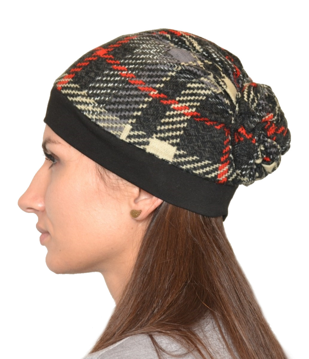Turban z udrapowaną różą szkocka krata czarny czerwony POLA 169/05*
