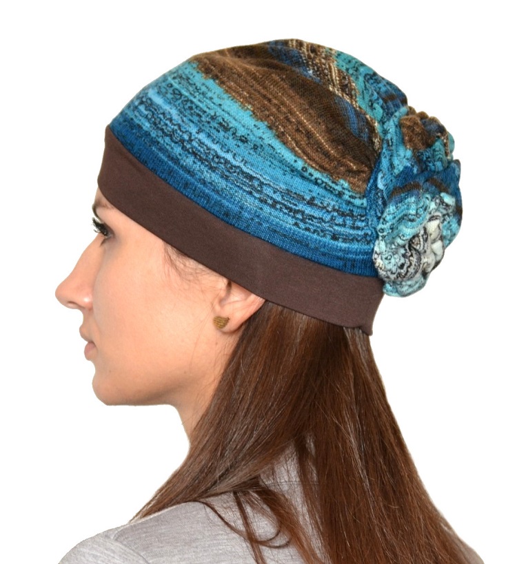Turban z udrapowaną różą brązowo niebieski POLA 165A*