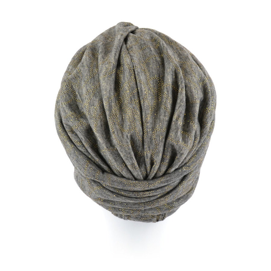 Marszczony turban z krzyżowanym frontem szary z drobnym złotym wzorem GALAXY