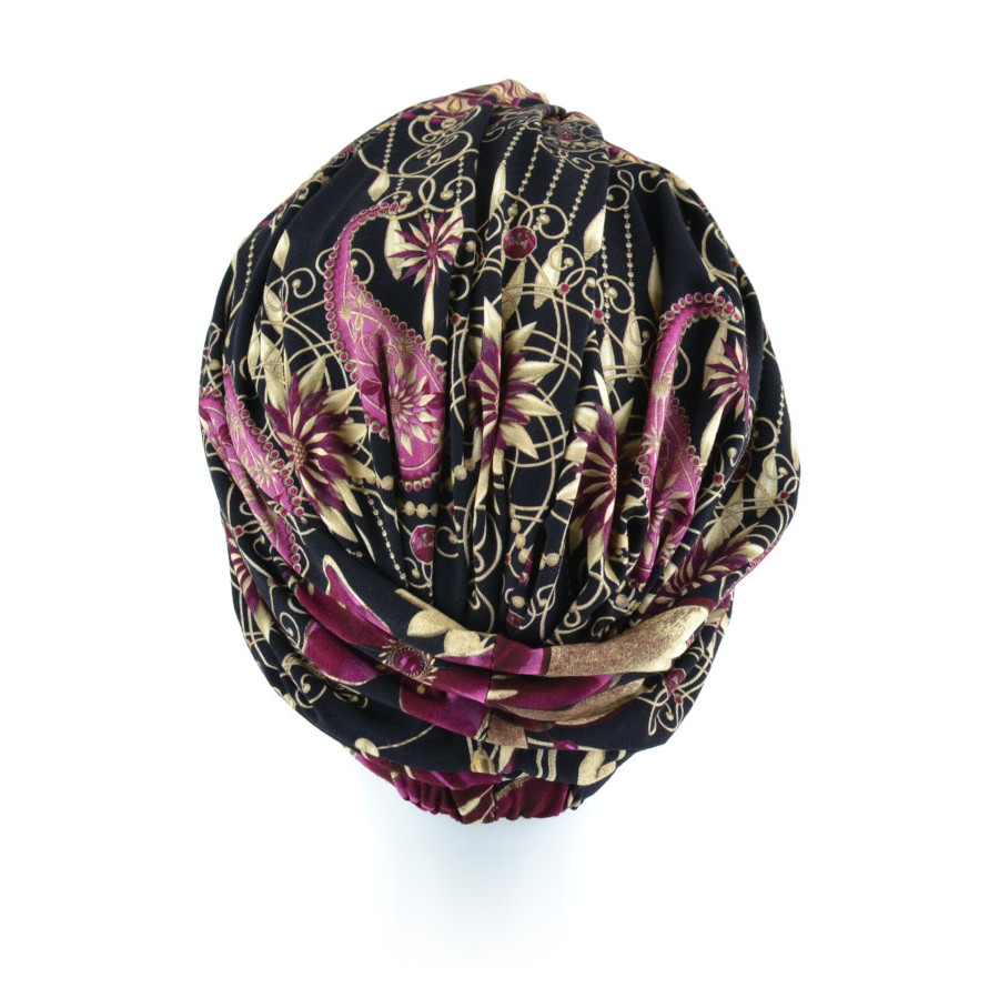 Ciepły turban z węzłem z przodu czarny w kwiaty GEM
