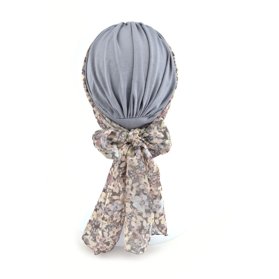 Turban z długą ozdobną szarfą w kwiaty lawendowy BEATA sz-4+BM230
