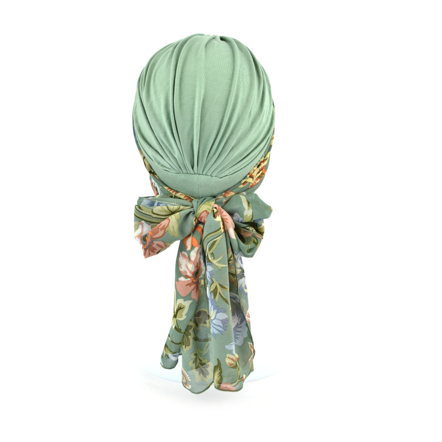 Turban z długą ozdobną szarfą w kwiaty zielony BEATA sz-5+BM121