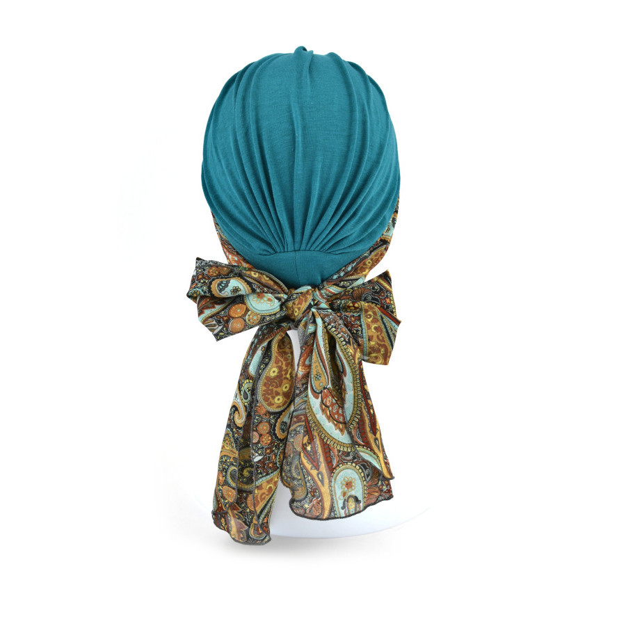 Turban z długą ozdobną szarfą z wzorem paisley turkusowy BEATA sz-8+BM24