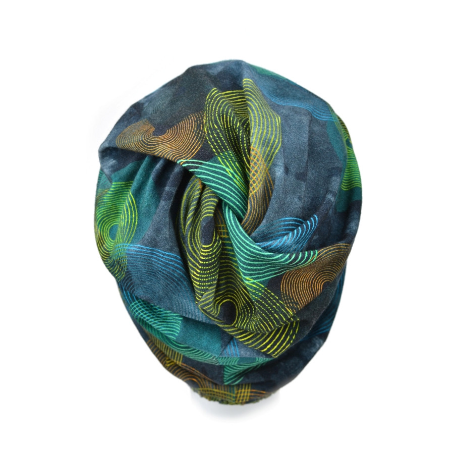 Turban granatowy w abstrakcyjne faliste kolorowe linie BERGAMO BM317