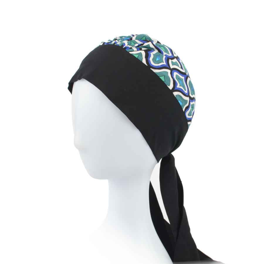 Turban czarno turkusowy we wzory z długimi troczkami 100% wiskoza ASTER Q-371