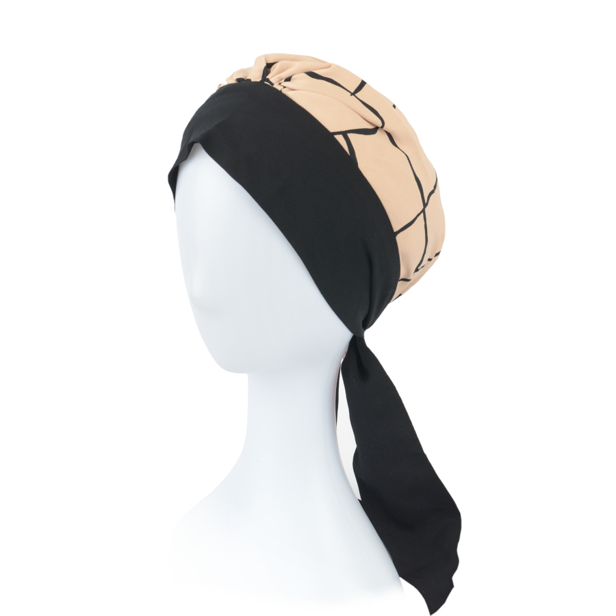 Turban z długimi troczkami 100% wiskoza beżowo czarny ASTER T-390