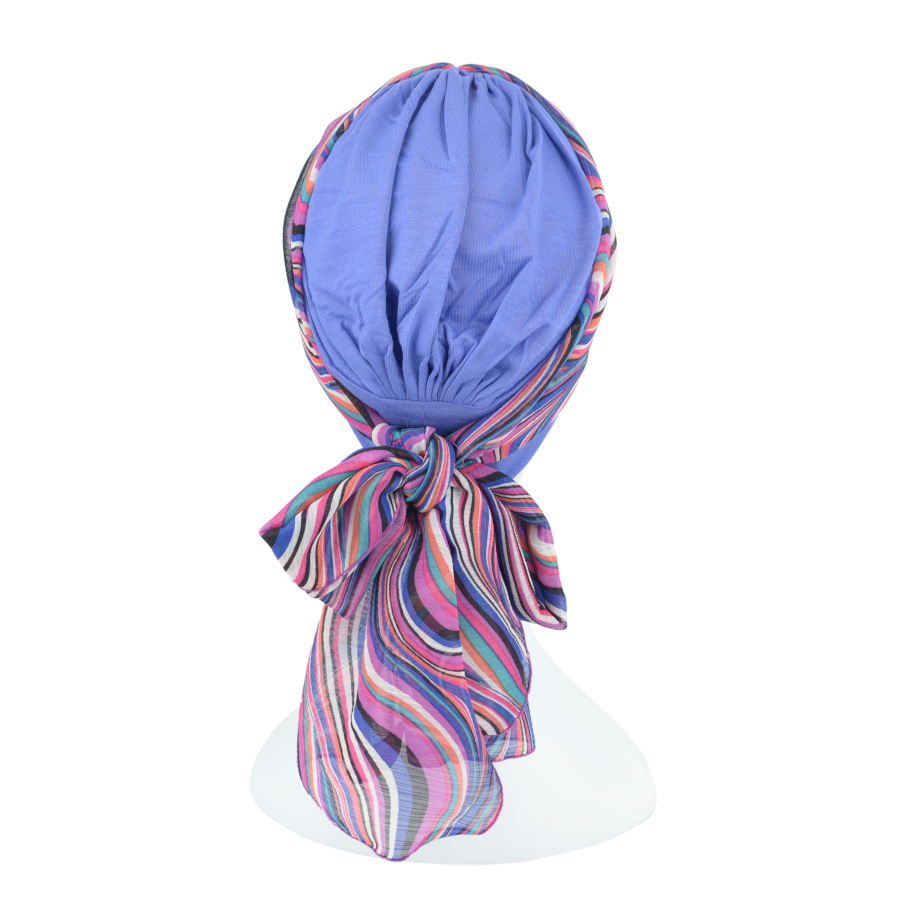 Turban z długą ozdobną szarfą w paski lawendowy BEATA sz-13+BM043