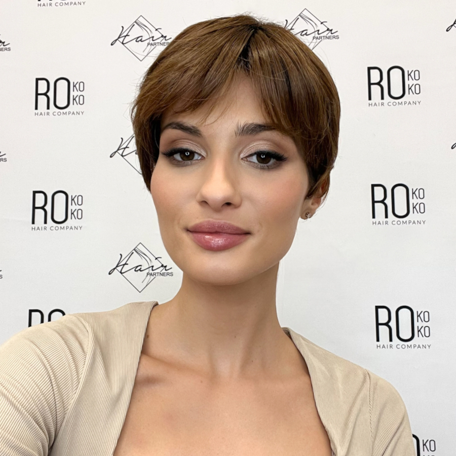 Półperuka syntetyczna z bazą lace front średni brąz z refleksami i naturalnym odrostem IRIS 5/14/4R