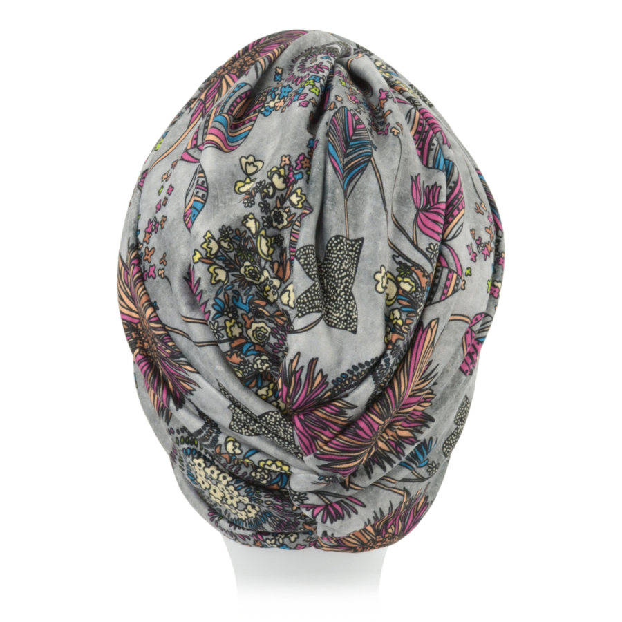 Turban retro szary z wielokolorowym kwiecistym wzorem ARUBA M109+B44