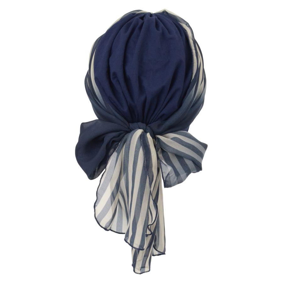 Turban granatowy z długą ozdobną szarfą w paski BEATA sz. 429+BM20