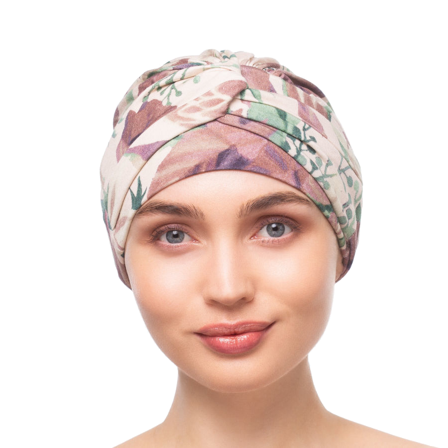 Ładny i wygodny turban beżowy kwiaty ELA 407