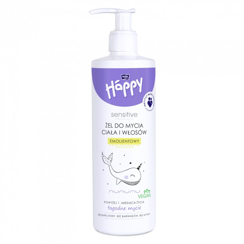 Emolientowy żel do mycia ciała i włosów dla dzieci Happy Sensitive 400 ml