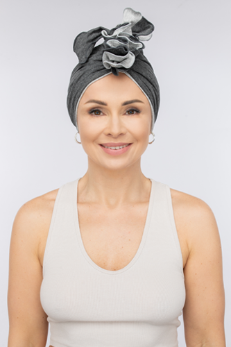 Turban damski na głowę, kolor szary, ozdobne wiązanie z przodu - Leo
