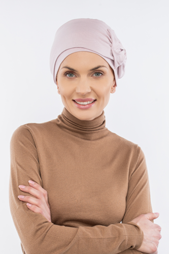 Turban damski na głowę, kolor pudrowy róż, ozdobna kokarda - Scorpio
