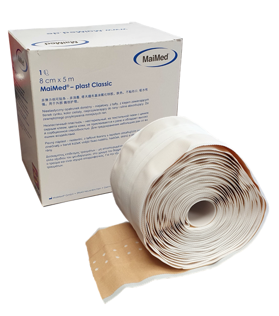 Plaster z opatrunkiem tkaninowy nieelastyczny do cięcia 8 cm x 5 m Plast Classic Maimed