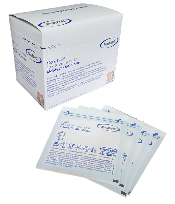 Kompresy jałowe z gazy 10 cm x 10 cm 8 warstw 17 nitek 100 sztuk MK Maimed
