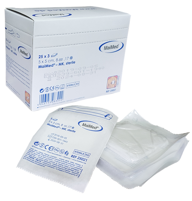 Kompresy jałowe z gazy 5 cm x 5 cm 8 warstw 17 nitek 25 x 3 sztuki MK Maimed