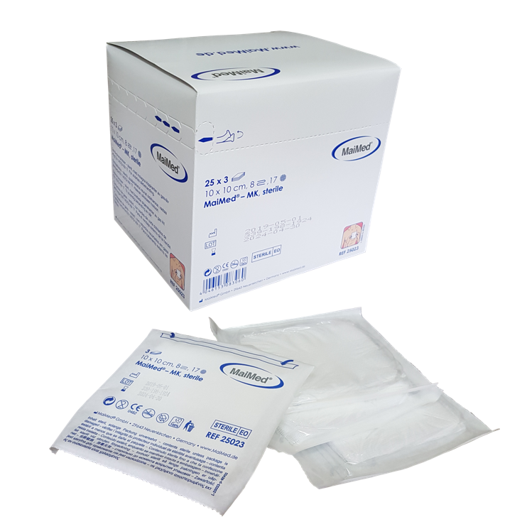 Kompresy jałowe z gazy 10 cm x 10 cm 8 warstw 17 nitek 25 x 3 sztuki MK Maimed