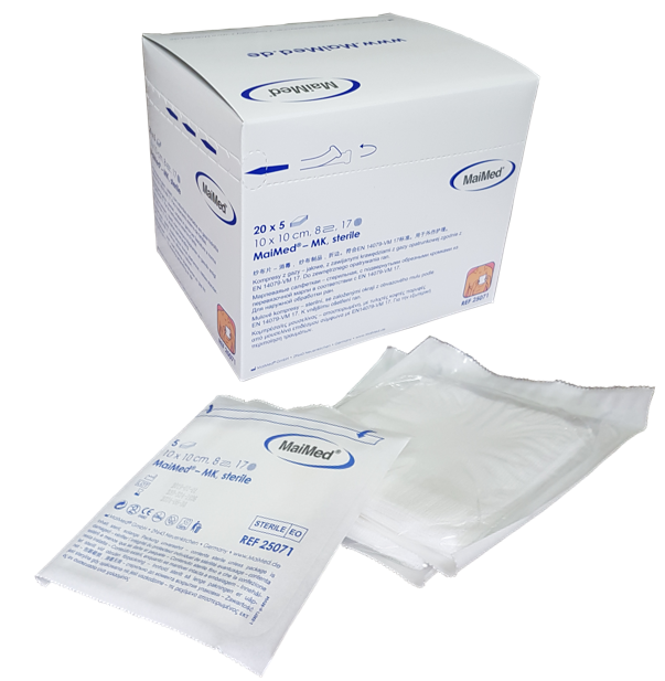 Kompresy jałowe z gazy 10 cm x 10 cm 8 warstw 17 nitek 20 x 5 sztuk MK Maimed