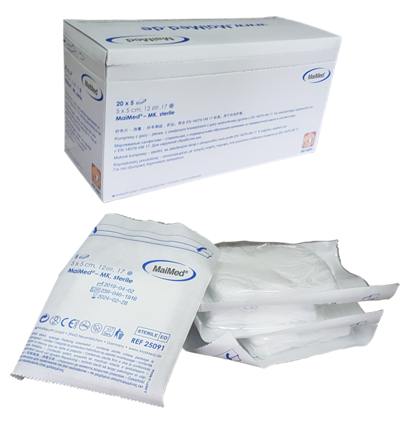 Kompresy jałowe z gazy 5 cm x 5 cm 12 warstw 17 nitek 20 x 5 sztuk MK Maimed