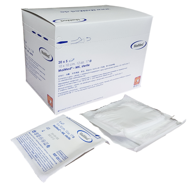 Kompresy jałowe z gazy 10 cm x 10 cm 12 warstw 17 nitek 20 x 5 sztuk MK Maimed