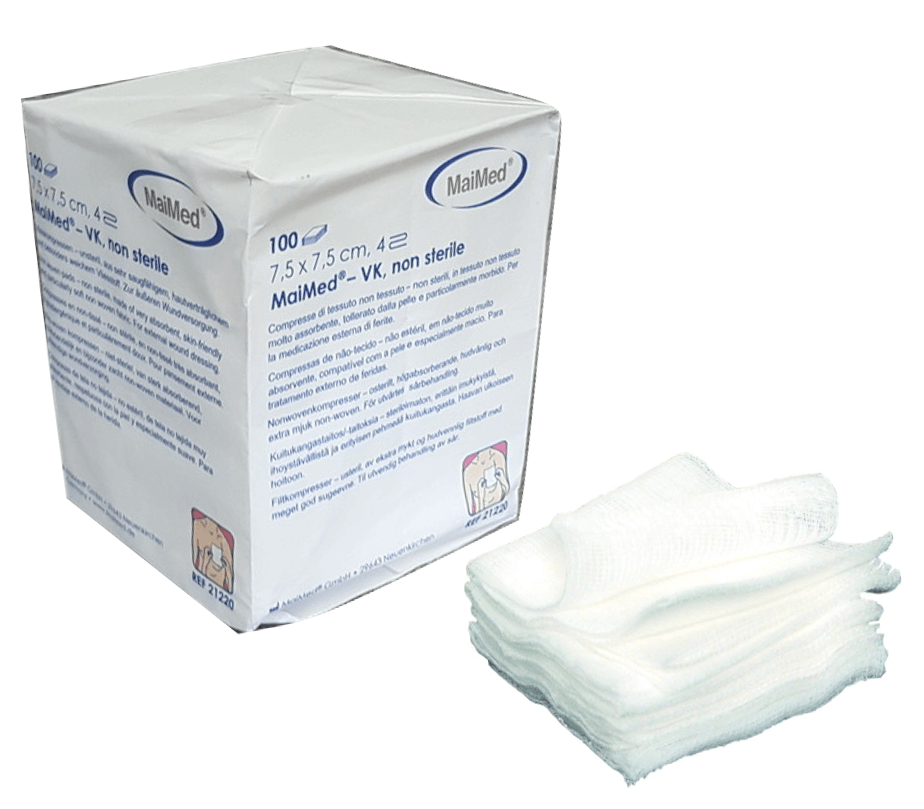 Kompresy włókninowe niejałowe 7,5 cm x 7,5 cm 4 warstwy 100 sztuk VK Maimed